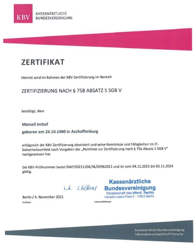 KBV Zertifikat Marcell Imhof § 75b Abs. 5 SGB V